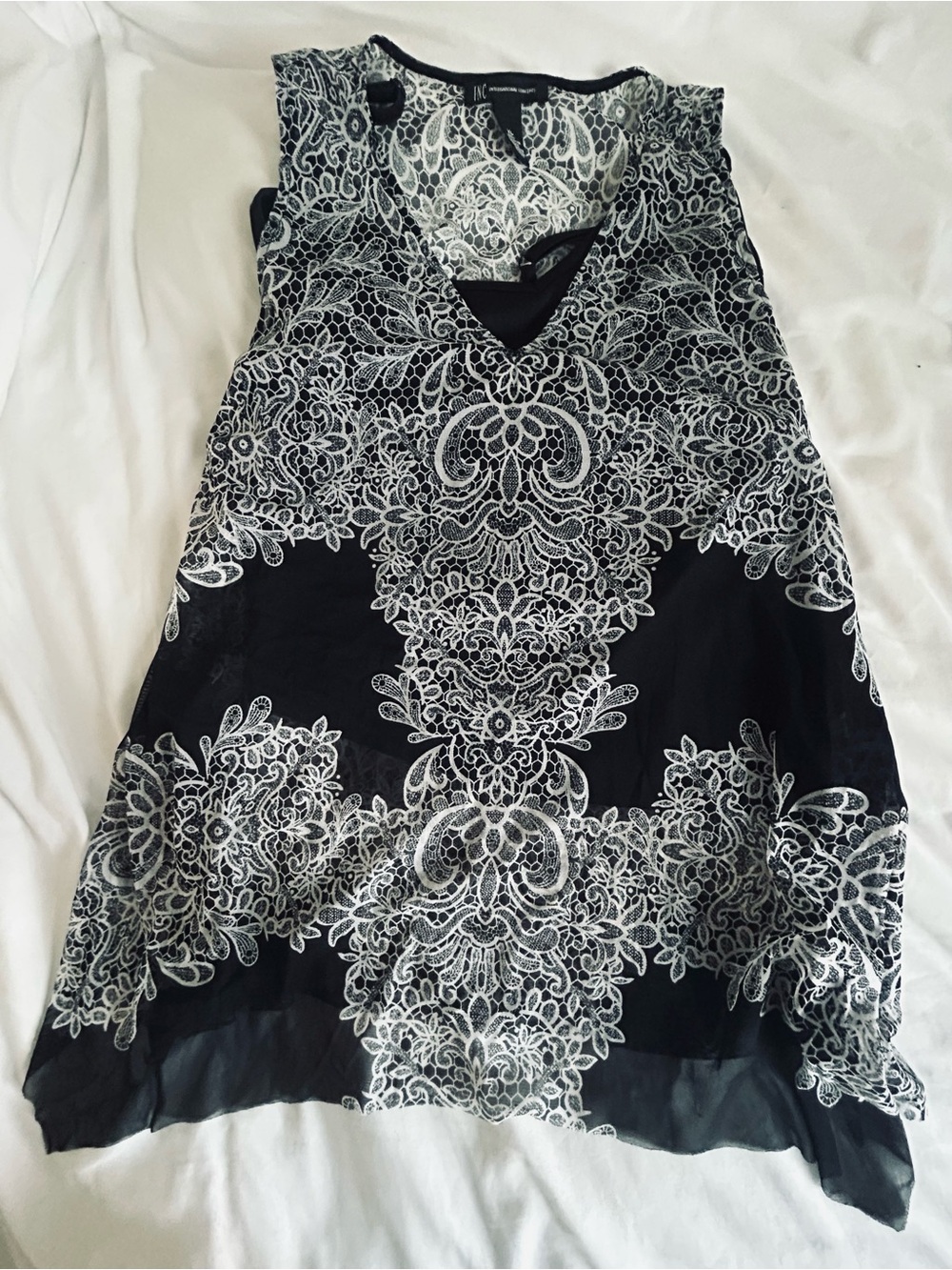 INC International Concepts Black and White Lace-Print V-Neck Tank